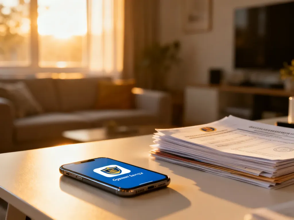 Smartfon z aplikacją rządową i dokumenty na biurku, symbolizujące wygodne składanie wniosku o świadczenie 800 plus online.