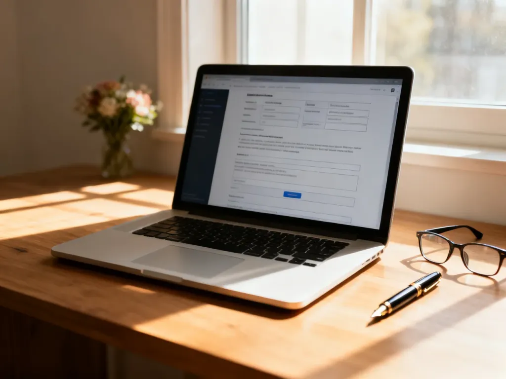 Nowoczesny laptop z otwartym formularzem wniosku na drewnianym biurku, symbolizujący łatwe składanie wniosku o rentę wdowią online.