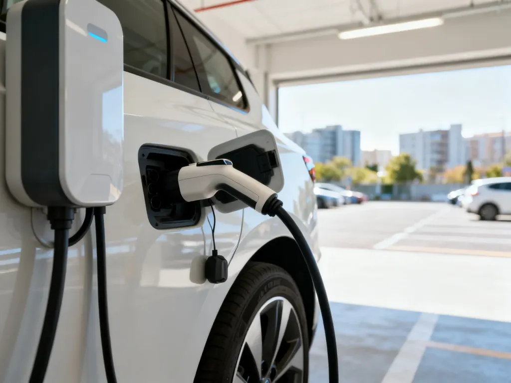 Wtyczka ładowarki podłączona do nowoczesnego samochodu elektrycznego w jasnym garażu.