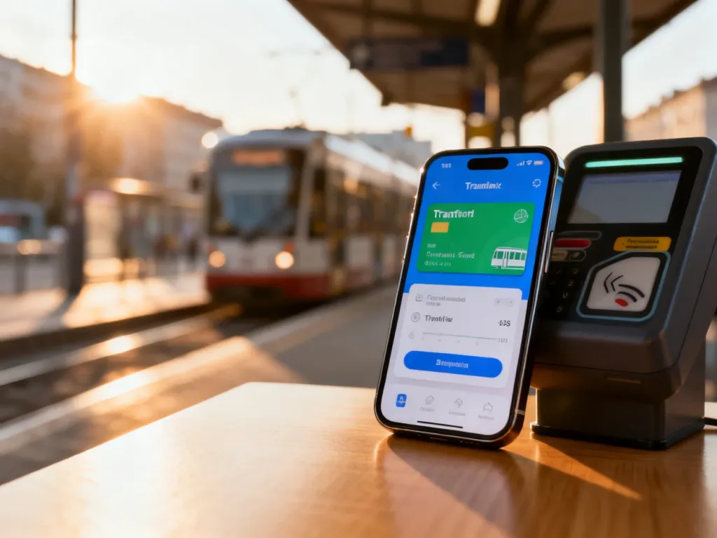 Smartfon z aplikacją karty miejskiej na tle przystanku tramwajowego, ilustrujący proces składania wniosku online.