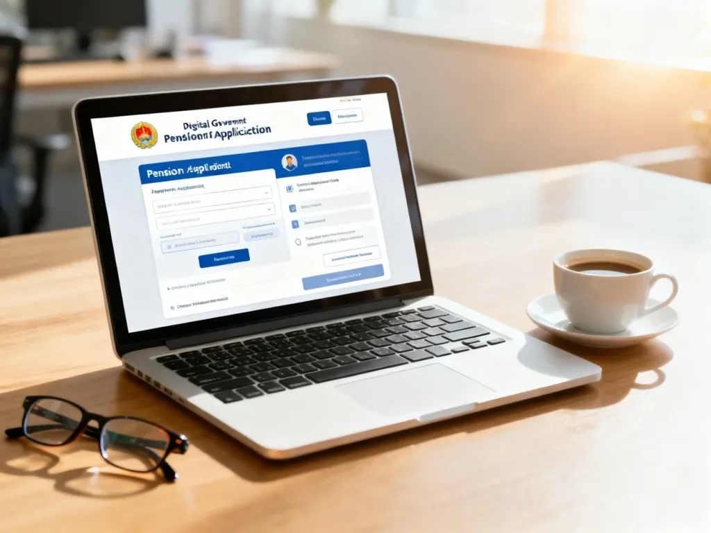 Laptop na biurku z otwartym rządowym portalem do składania wniosków emerytalnych online w przyjaznym, biurowym otoczeniu.