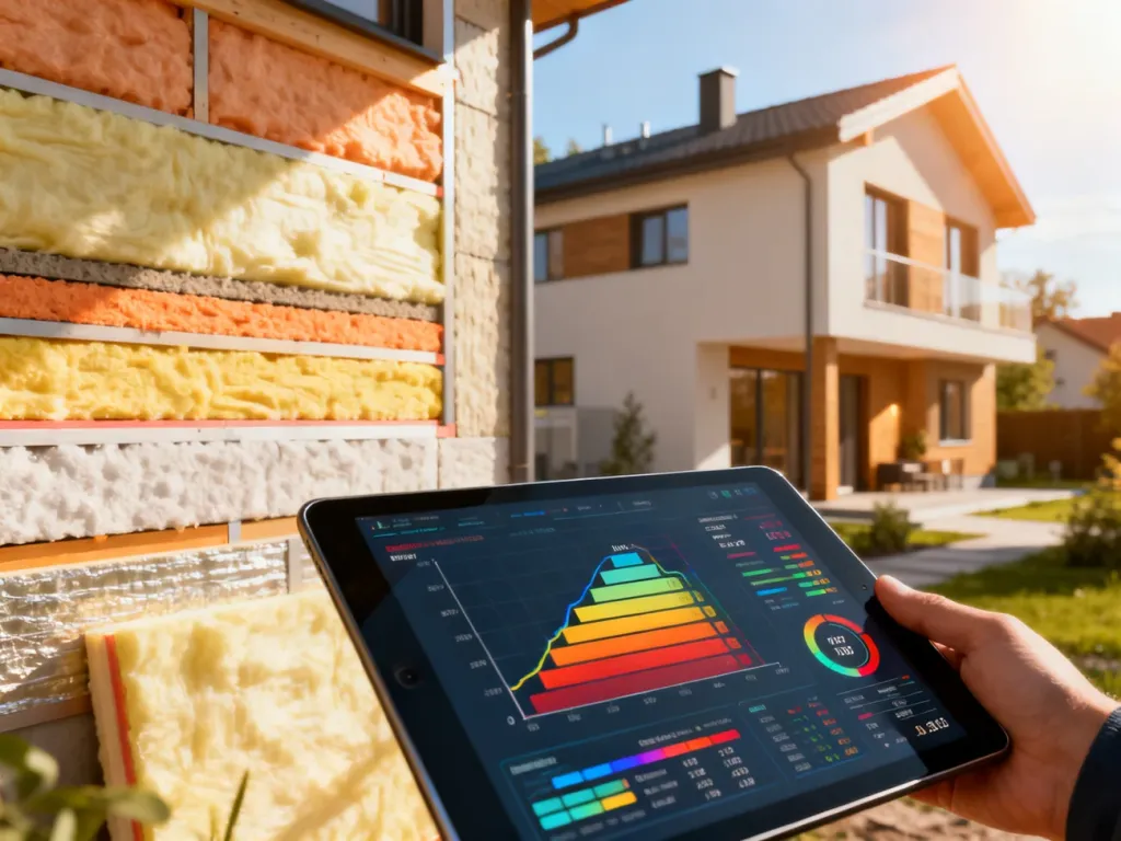 Tablet z wykresami efektywności energetycznej na tle nowoczesnego, energooszczędnego domu z widoczną izolacją termiczną.